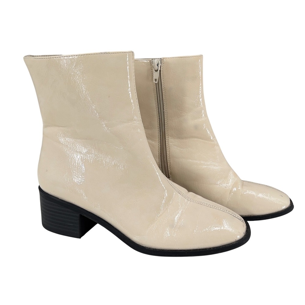 Worthington Noya Womens 6 Cream Patent Ankle Boots Block Heel Go-Go Retro Mod